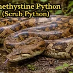 Amethystine python among lush greenery