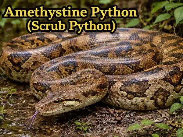 Amethystine python among lush greenery